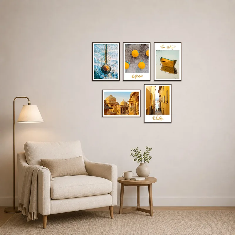 Reading corner with vibrant coastal and architectural photography setting the mood.