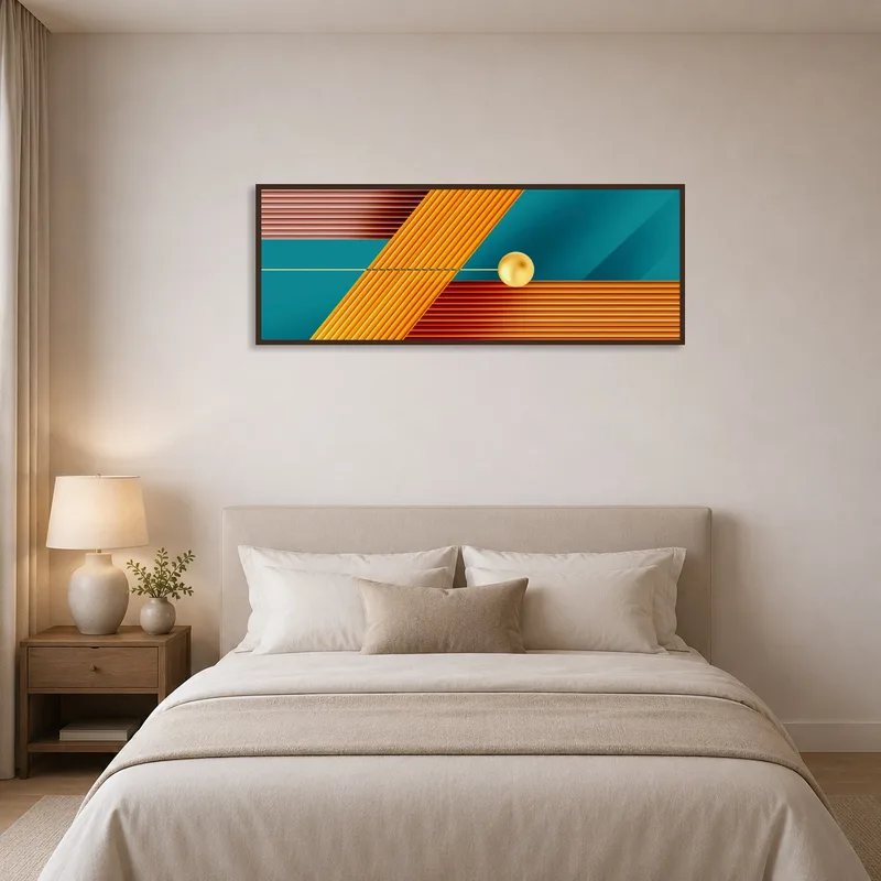 Geometric sphere composition brings liveliness to a serene bedroom wall.