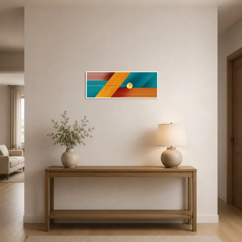 Eye-catching geometric art with spheres brightens an elegant entrance hall.