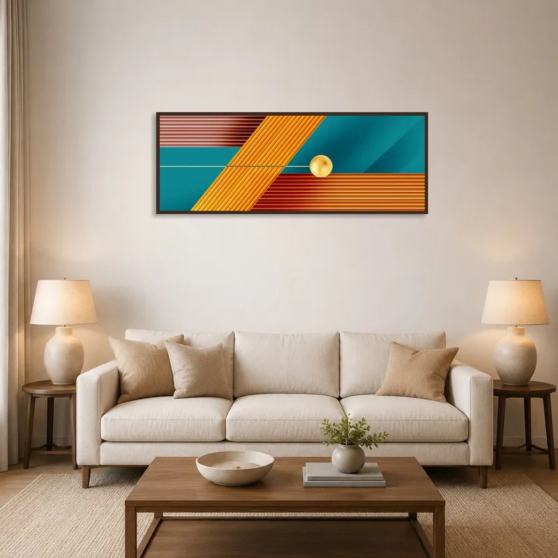 Colorful geometric sphere composition hanging above a modern sofa in a living room.