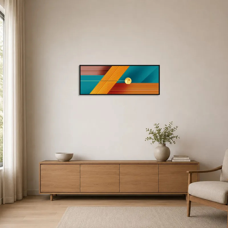 Bold geometric sphere artwork adding color to a minimalist room setting.