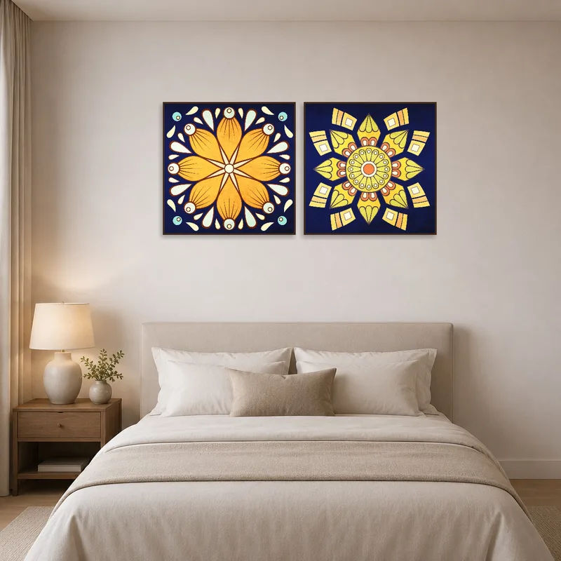 Eye-catching mandala art set brings a serene vibe to the bedroom.