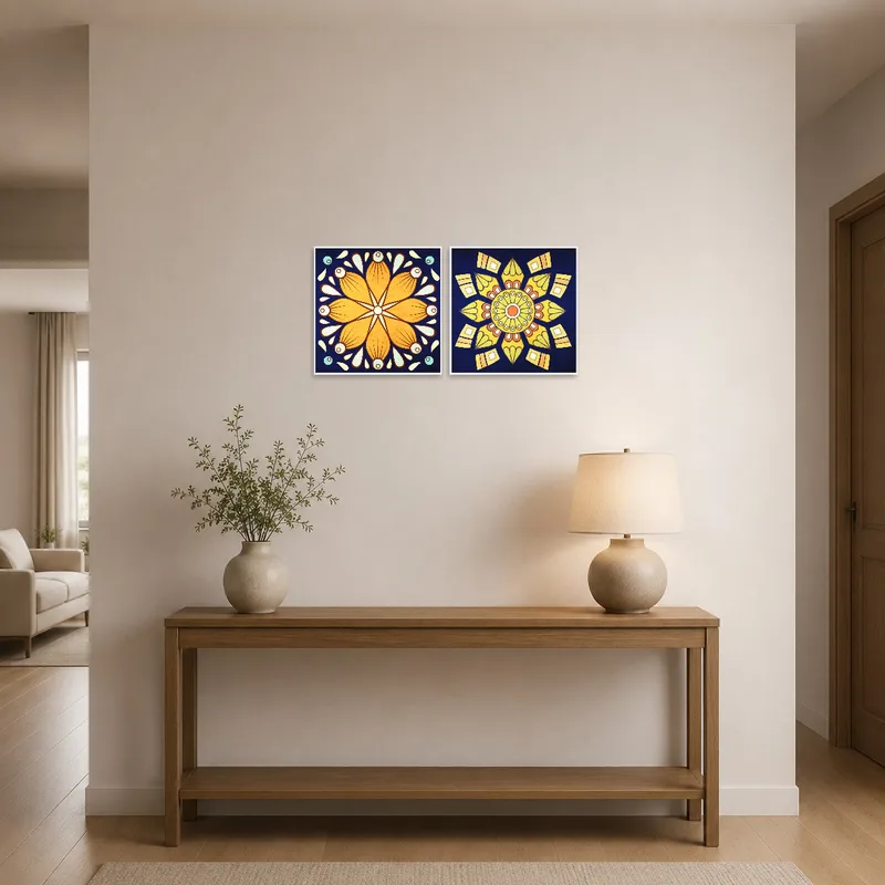 Bright mandalas greet visitors with intricate design in the entrance hall.