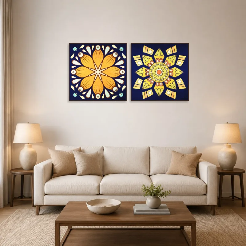 A vibrant mandala set adds color and geometric harmony to the living room wall.