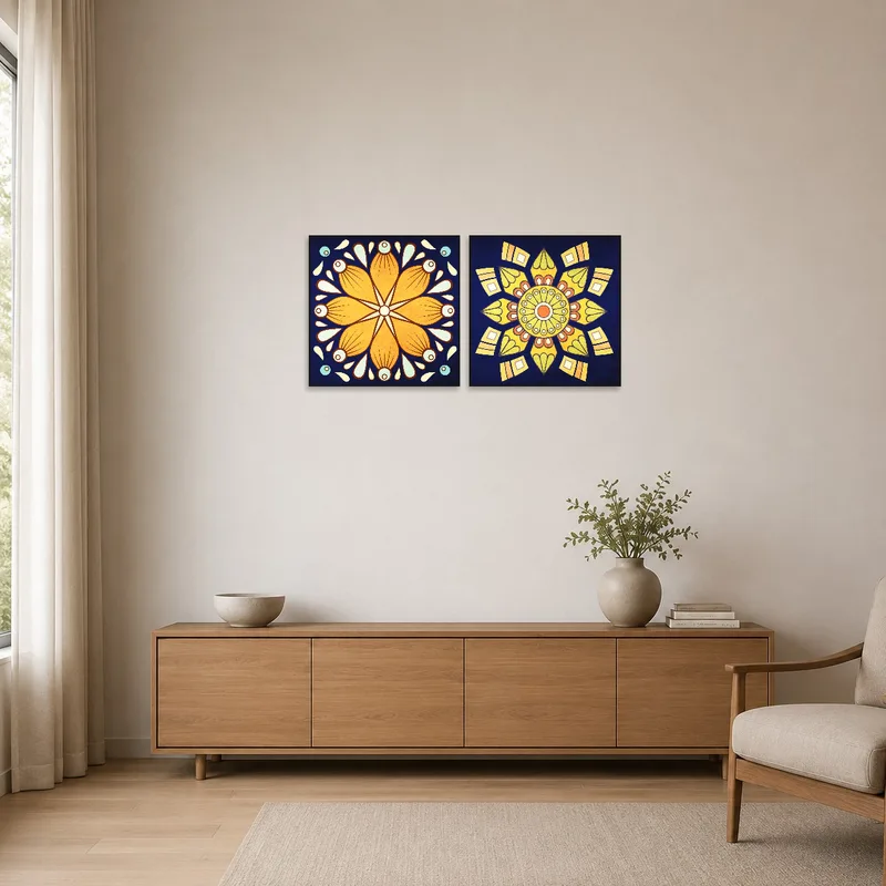 The geometric mandalas provide a focal point in the minimalist space.
