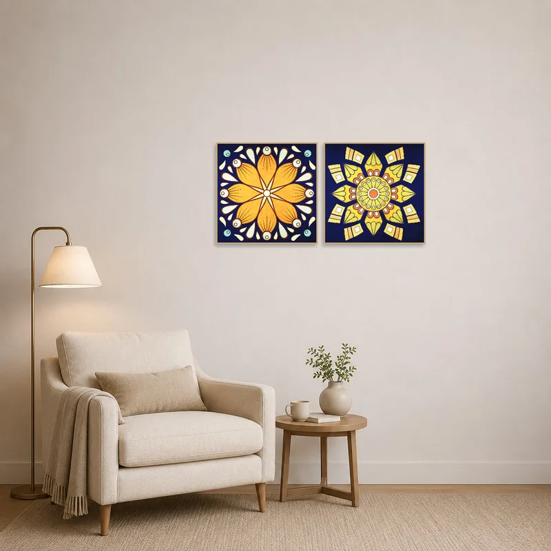 A cozy reading corner comes alive with colorful mandalas on the wall.