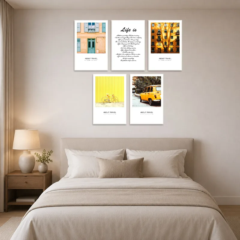 Vibrant urban text art set brings life to the bedroom wall.