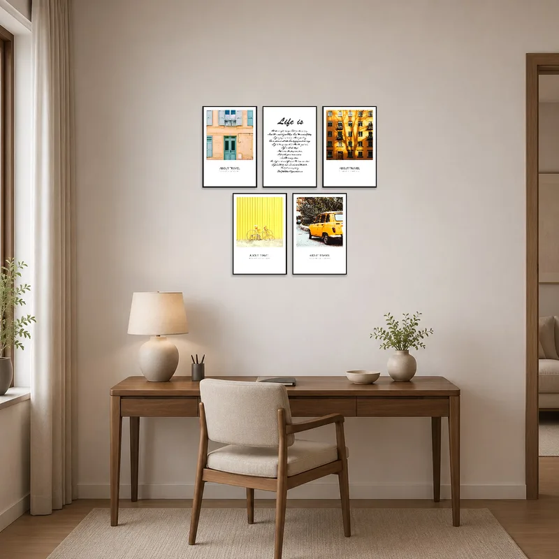 Urban and typography art set inspires creativity in the home office.