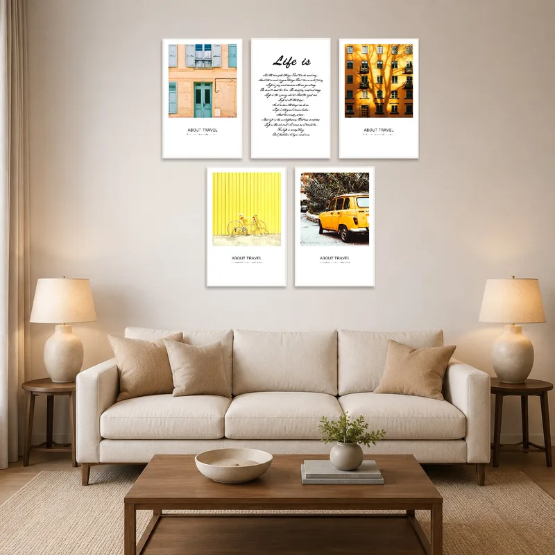 Colorful urban and text art set adds energy to the living room wall.