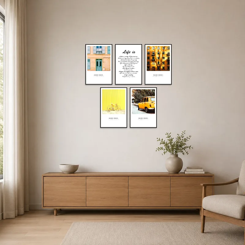 Sleek urban typography art enhances the minimalist room's style.