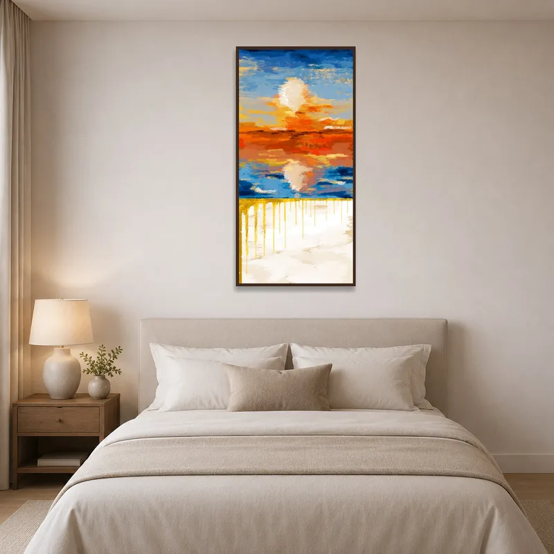 Bedroom with calming abstract sunset art above a sleek bedside table.
