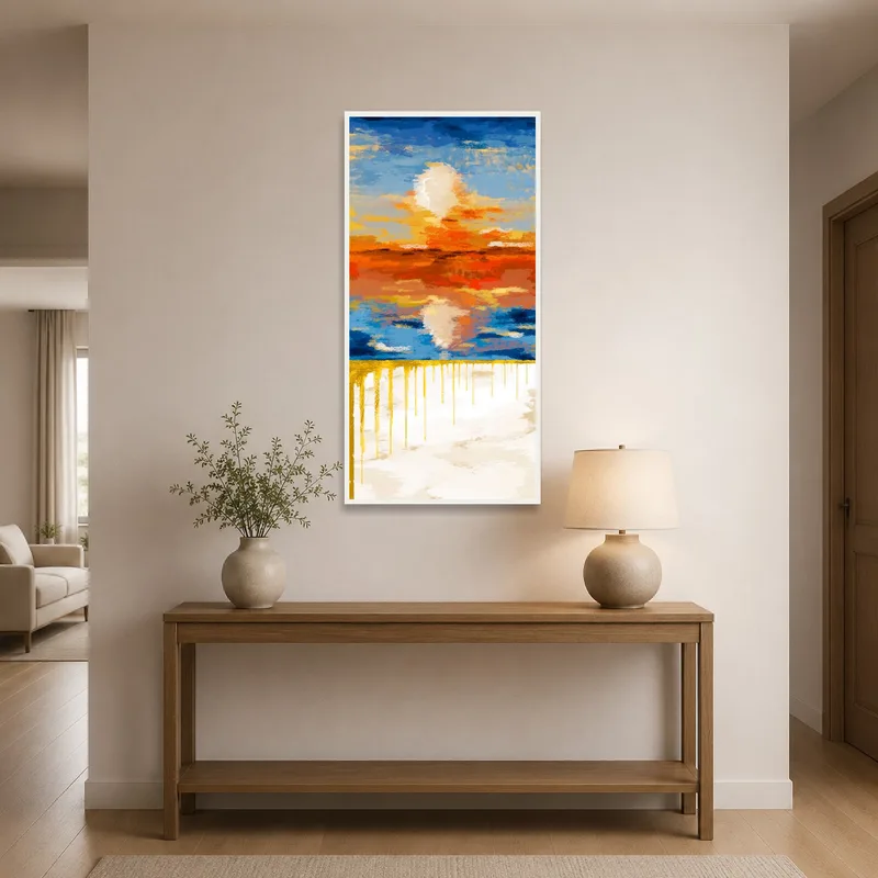 Colorful abstract sunset greets visitors in a chic entrance hall.