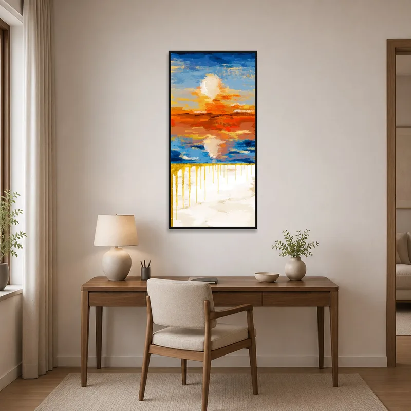 Home office energizes with vivid abstract sunset on wall near desk.