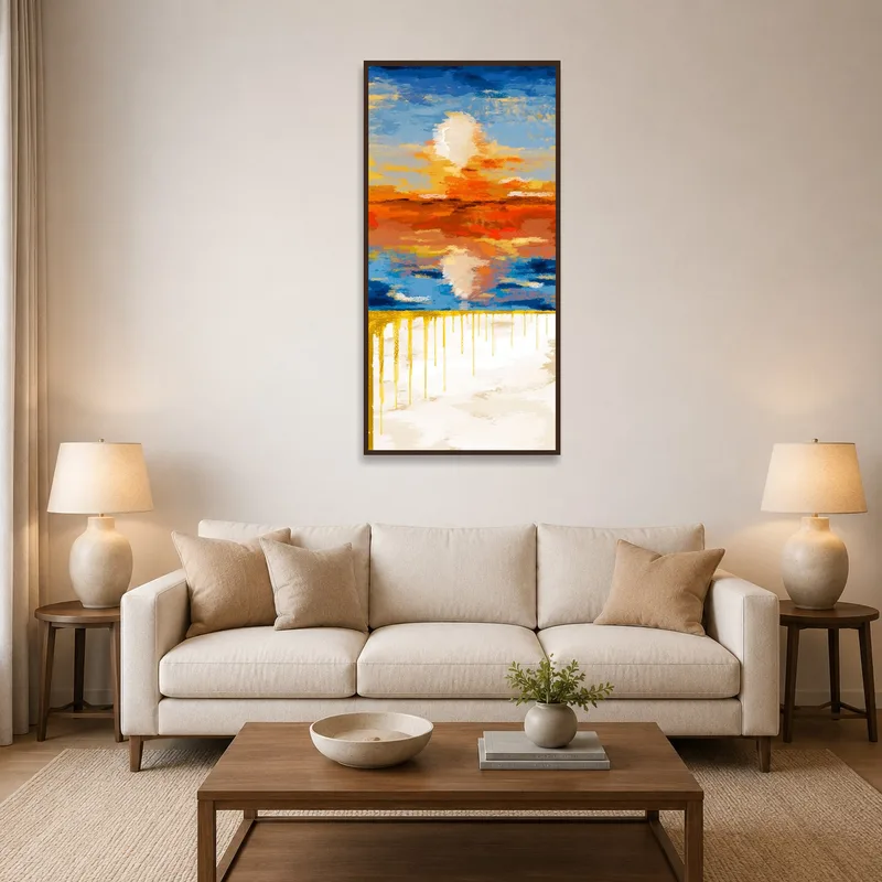Abstract sunset art brightens a cozy living room over a modern sofa.