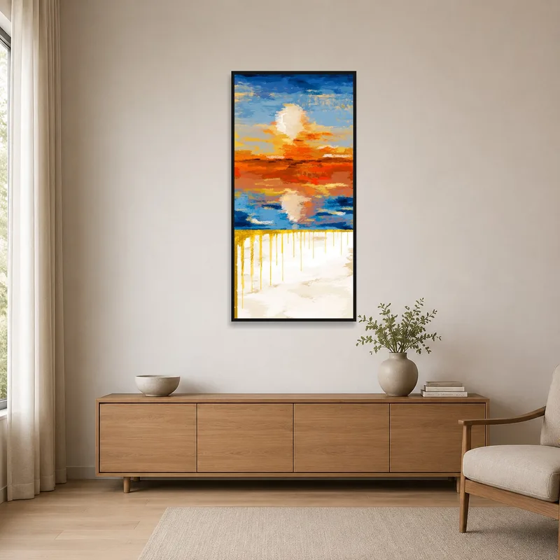 Minimalist room with a vibrant abstract sunset on a white wall.