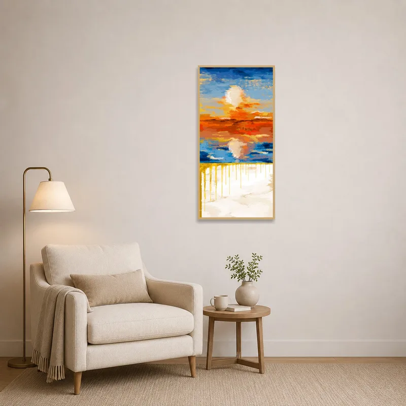 Reading corner enhanced by bold abstract sunset on wall behind chair.