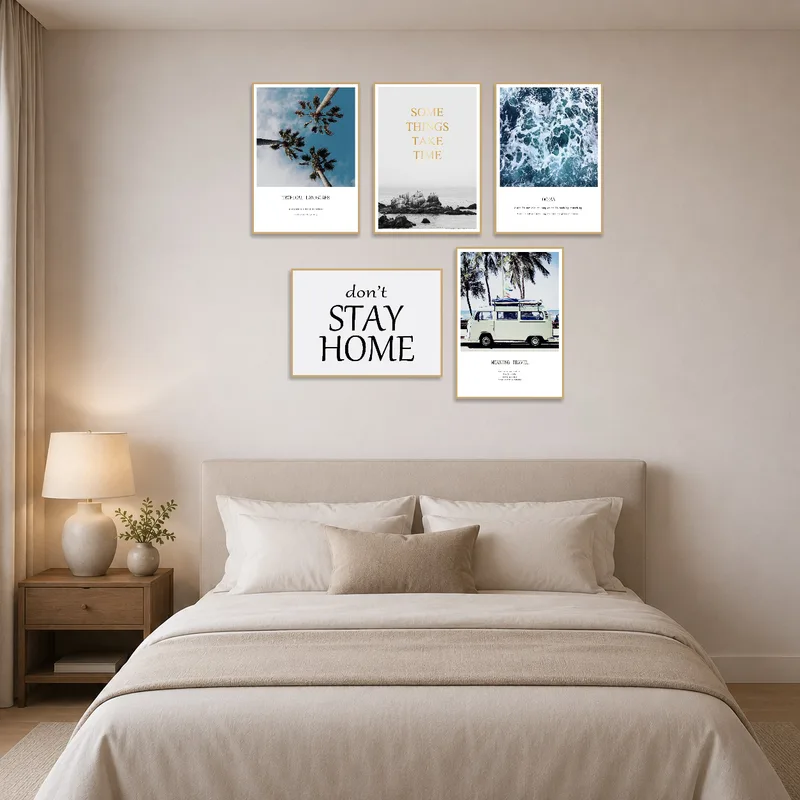 Serene tropical and ocean scenes enhancing a bedroom vibe.