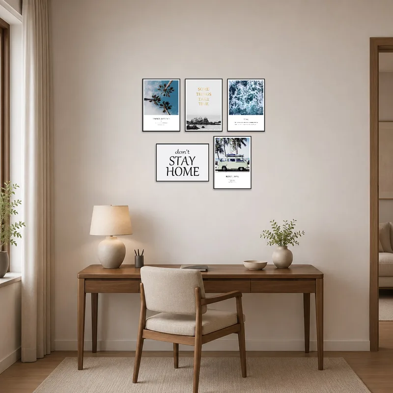 Tropical and ocean scenes bringing energy to a home office.