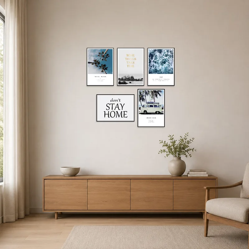 Tropical and ocean art adding color to a minimalist space.