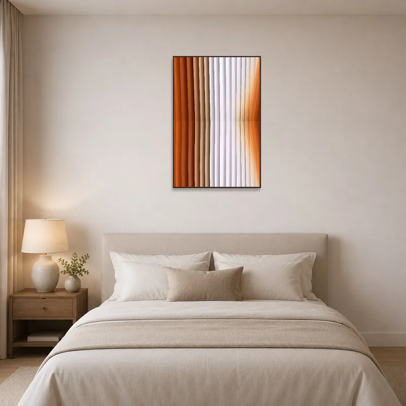 Warm abstract design featured above a modern bed setup.