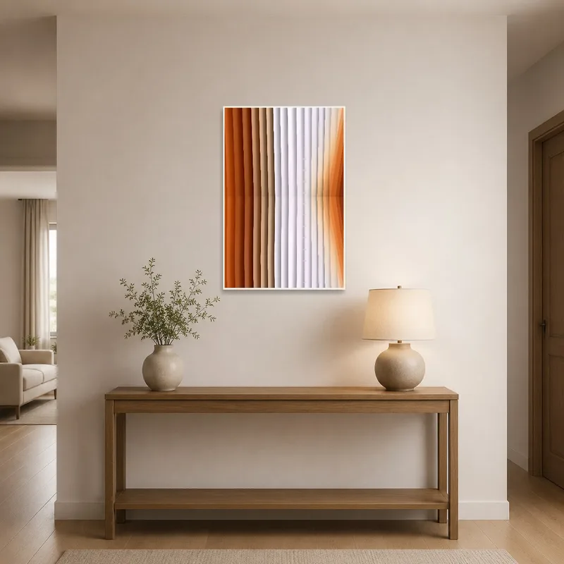 Vibrant warm tones artwork displayed in a bright entrance hall.