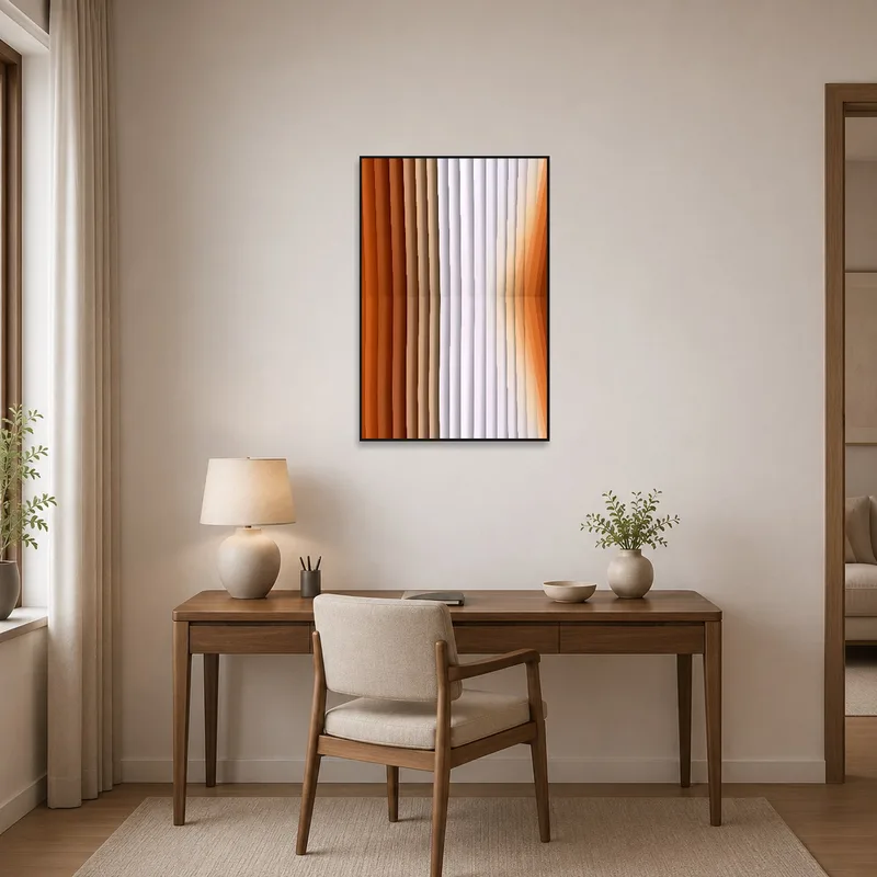 Vertical abstract art adding color to a sleek home office desk.
