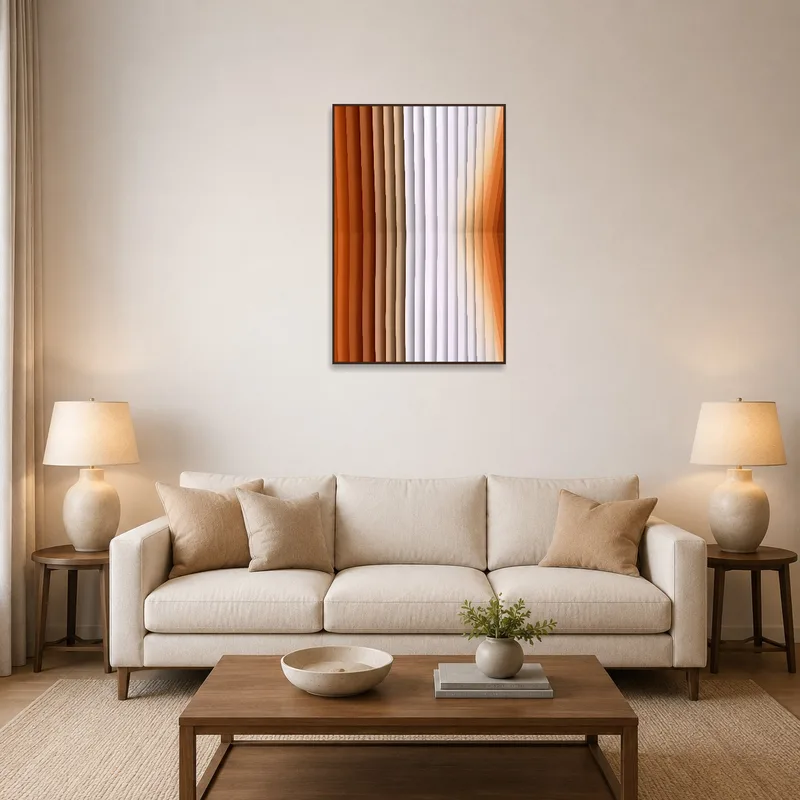 Warm toned abstract art in a living room with neutral furniture.