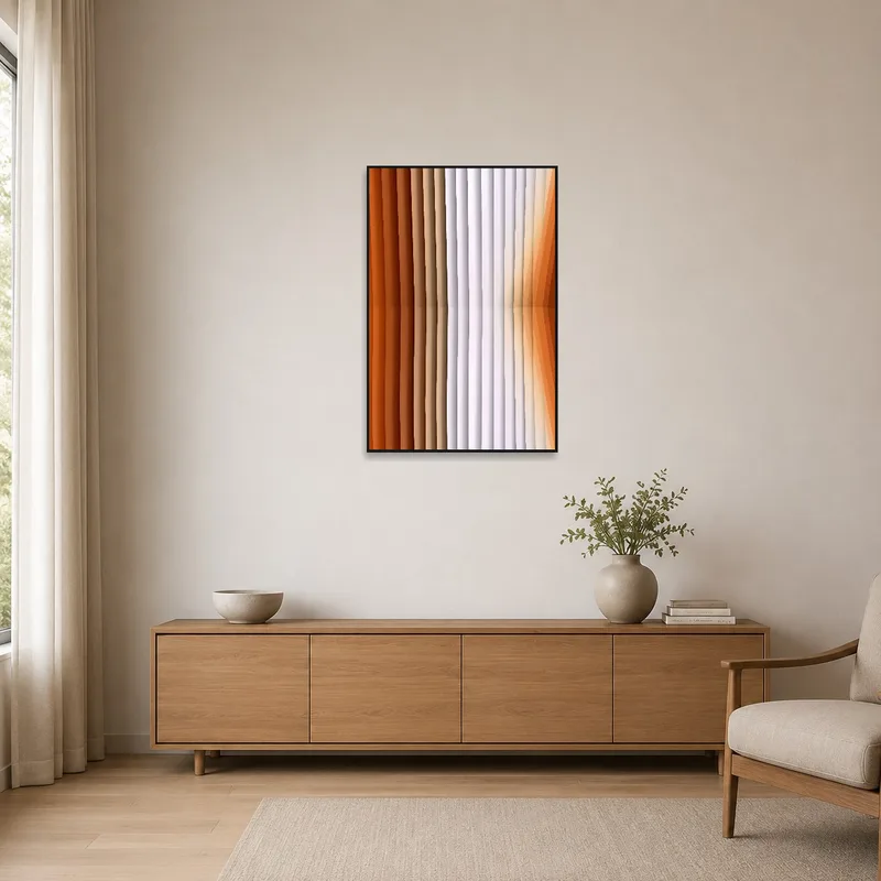 Vertical abstract piece in a minimalist room with sparse decor.