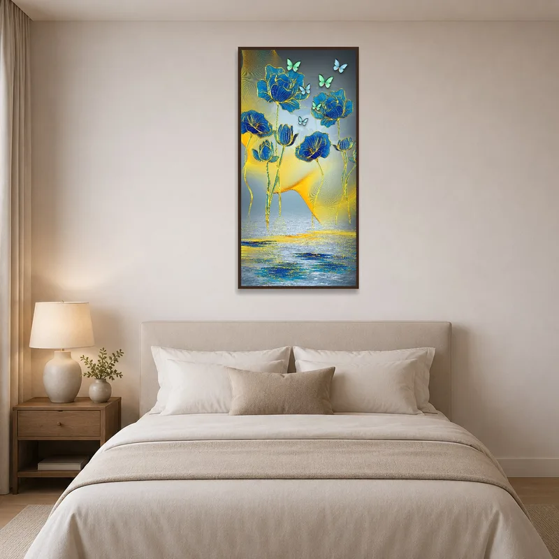 Bedroom wall accented with a vertical floral and butterfly artwork.