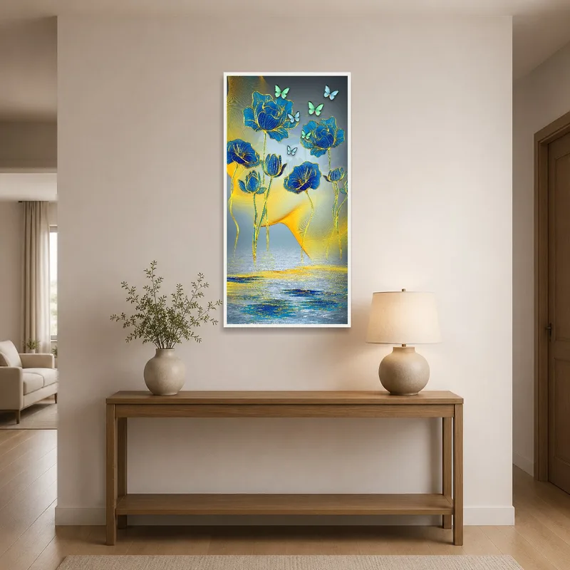 Entrance hall showcasing a vibrant floral and butterfly artwork.