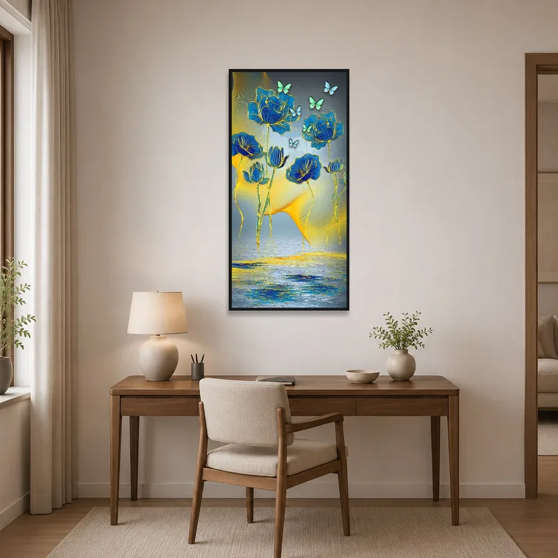 Home office with an inspiring floral and butterfly vertical artwork.
