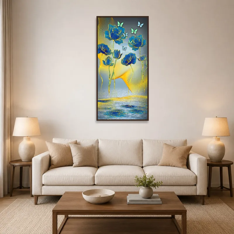 Whimsical floral and butterfly artwork adorns a living room wall.