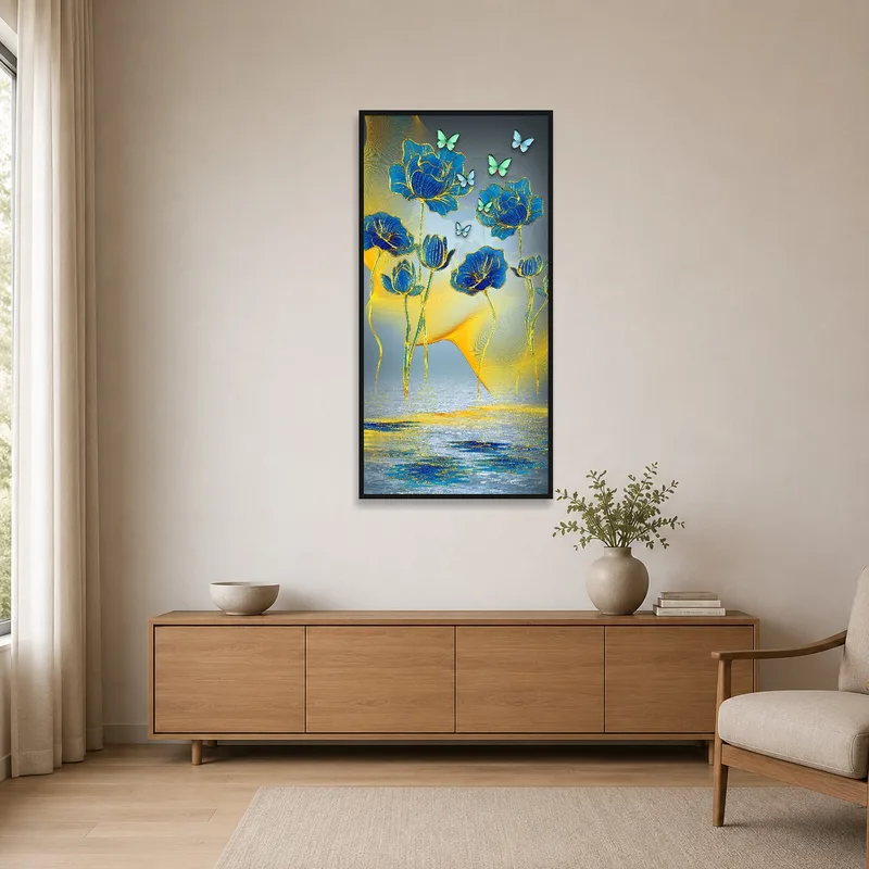 Minimalist room with a vertical piece featuring flowers and butterflies.