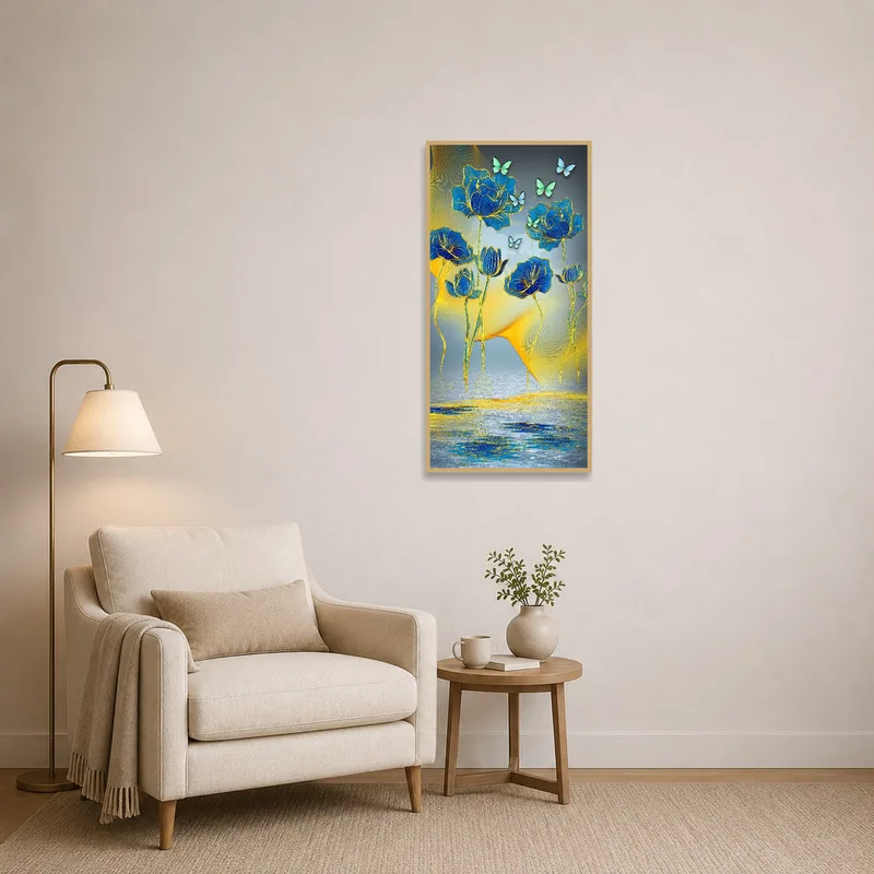 Reading corner enlivened by a whimsical floral and butterfly piece.